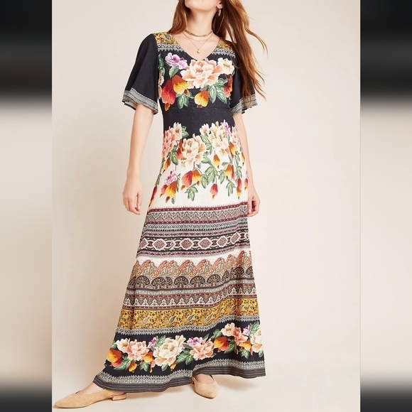 FARM Rio Anthropologie Esmeralda Floral Flowy Short Sleeve A-Line Maxi Dress XSP - Picture 14 of 14